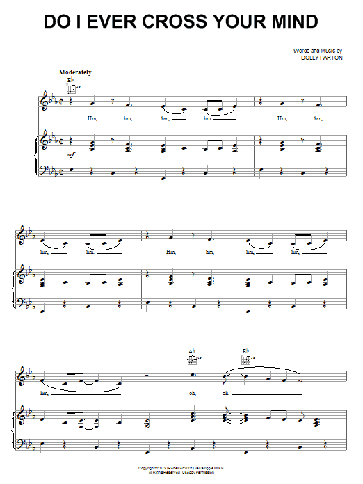 Dolly Parton Do I Ever Cross Your Mind Sheet Music Notes & Chords for Piano, Vocal & Guitar (Right-Hand Melody) - Download or Print PDF