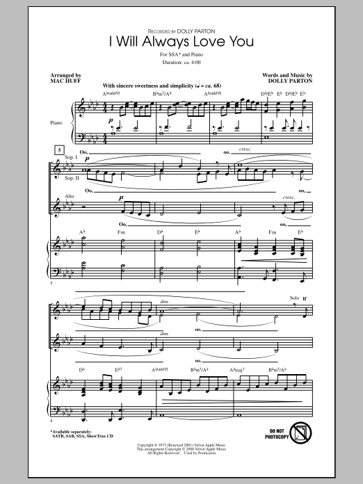 Dolly Parton I Will Always Love You (arr. Mac Huff) Sheet Music Notes & Chords for SSA - Download or Print PDF