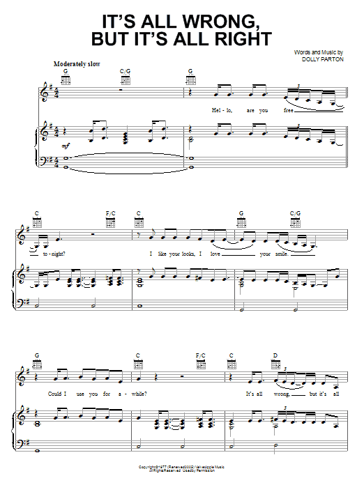 Dolly Parton It's All Wrong, But It's All Right Sheet Music Notes & Chords for Piano, Vocal & Guitar (Right-Hand Melody) - Download or Print PDF