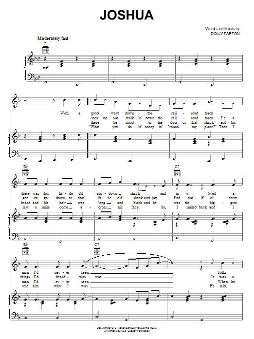 Dolly Parton Joshua Sheet Music Notes & Chords for Piano, Vocal & Guitar (Right-Hand Melody) - Download or Print PDF
