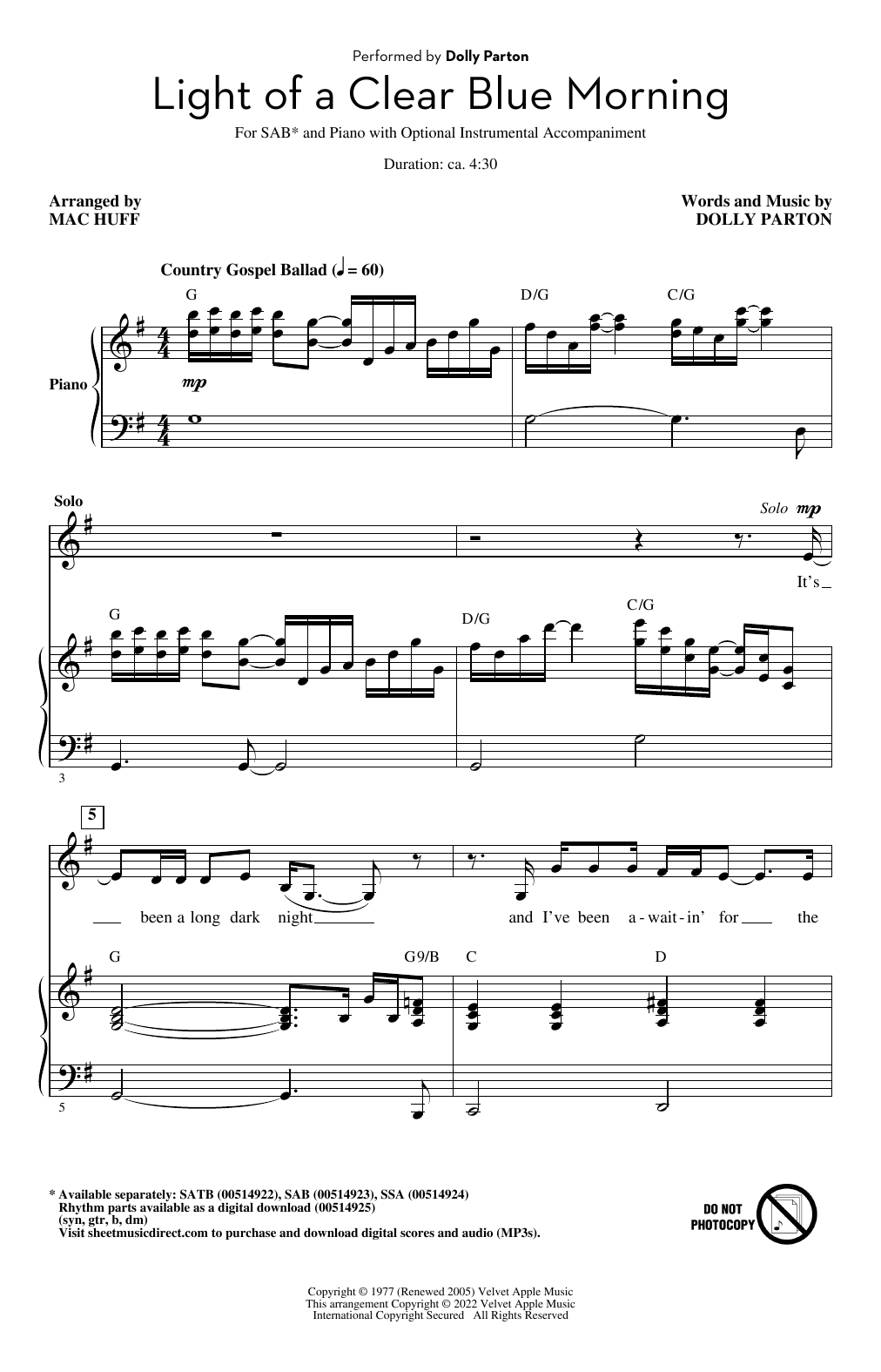Dolly Parton Light Of A Clear Blue Morning (arr. Mac Huff) Sheet Music Notes & Chords for SATB Choir - Download or Print PDF