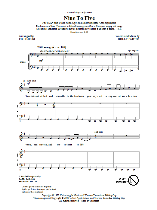 Dolly Parton Nine To Five (arr. Ed Lojeski) Sheet Music Notes & Chords for SAB Choir - Download or Print PDF