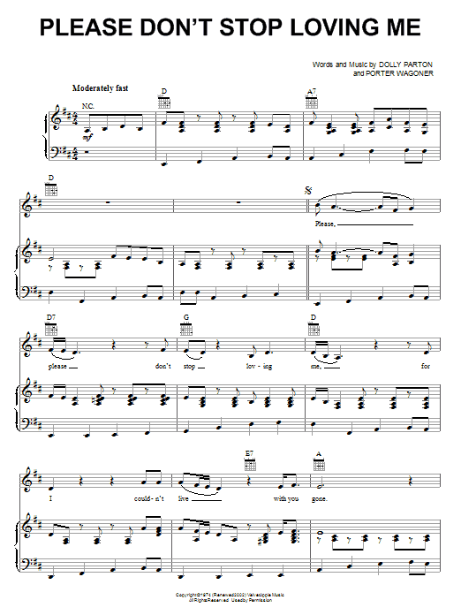 Dolly Parton Please Don't Stop Loving Me Sheet Music Notes & Chords for Piano, Vocal & Guitar (Right-Hand Melody) - Download or Print PDF