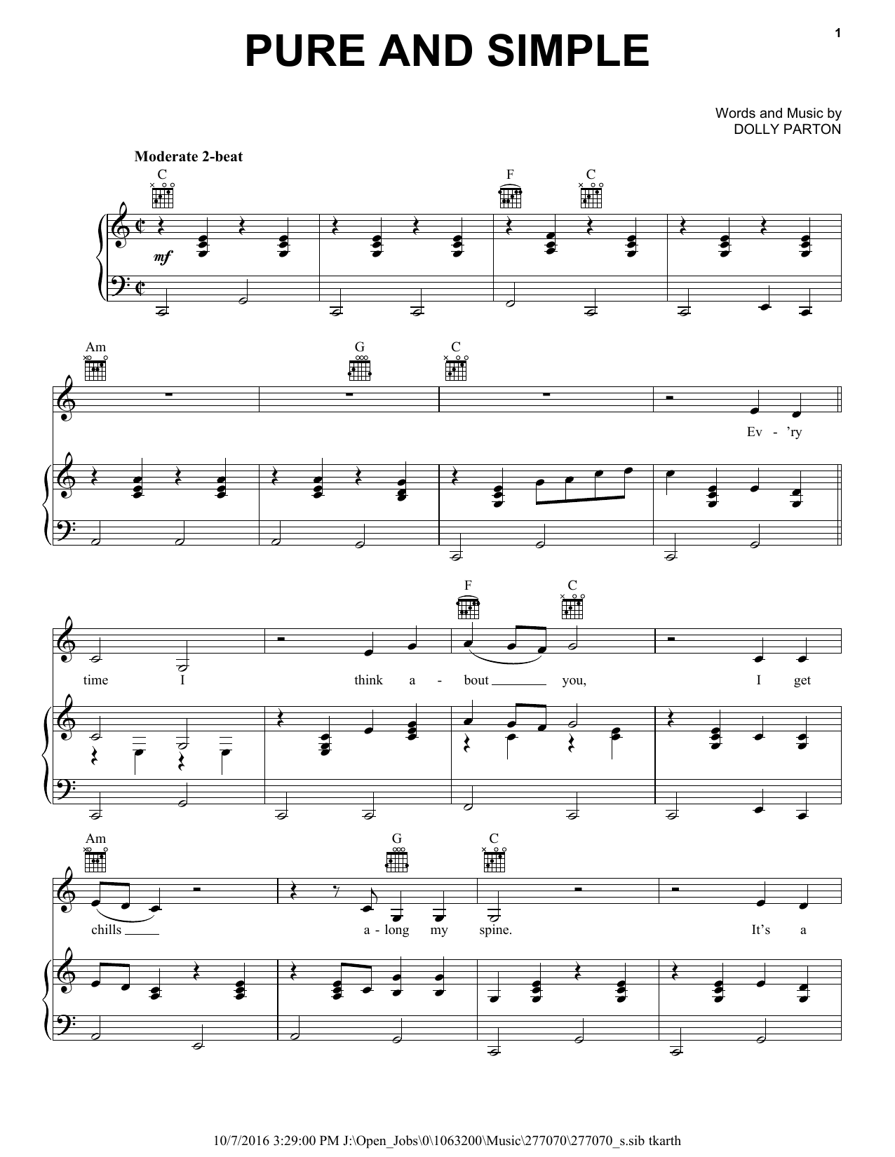 Dolly Parton Pure And Simple Sheet Music Notes & Chords for Piano, Vocal & Guitar (Right-Hand Melody) - Download or Print PDF