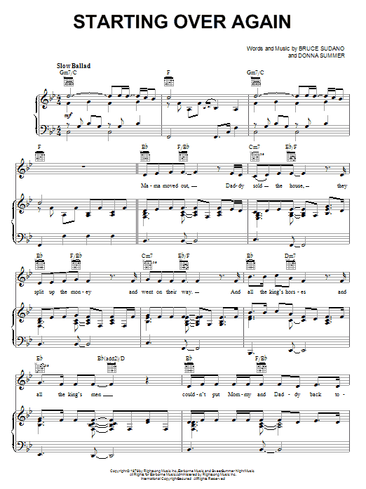 Donna Summer Starting Over Again Sheet Music Notes & Chords for Piano, Vocal & Guitar (Right-Hand Melody) - Download or Print PDF