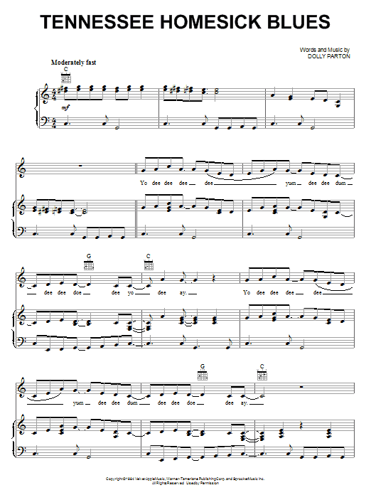 Dolly Parton Tennessee Homesick Blues Sheet Music Notes & Chords for Piano, Vocal & Guitar (Right-Hand Melody) - Download or Print PDF