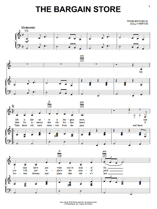 Dolly Parton The Bargain Store Sheet Music Notes & Chords for Piano, Vocal & Guitar (Right-Hand Melody) - Download or Print PDF