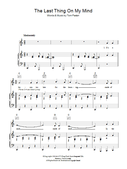 Dolly Parton The Last Thing On My Mind Sheet Music Notes & Chords for Piano, Vocal & Guitar (Right-Hand Melody) - Download or Print PDF