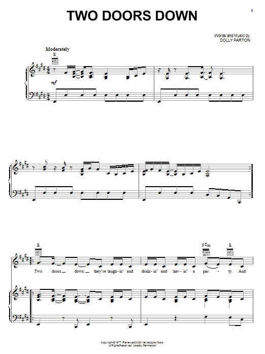 Dolly Parton Two Doors Down Sheet Music Notes & Chords for Piano, Vocal & Guitar (Right-Hand Melody) - Download or Print PDF