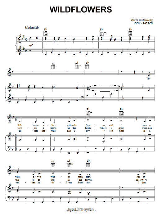Dolly Parton Wildflowers Sheet Music Notes & Chords for Piano, Vocal & Guitar (Right-Hand Melody) - Download or Print PDF