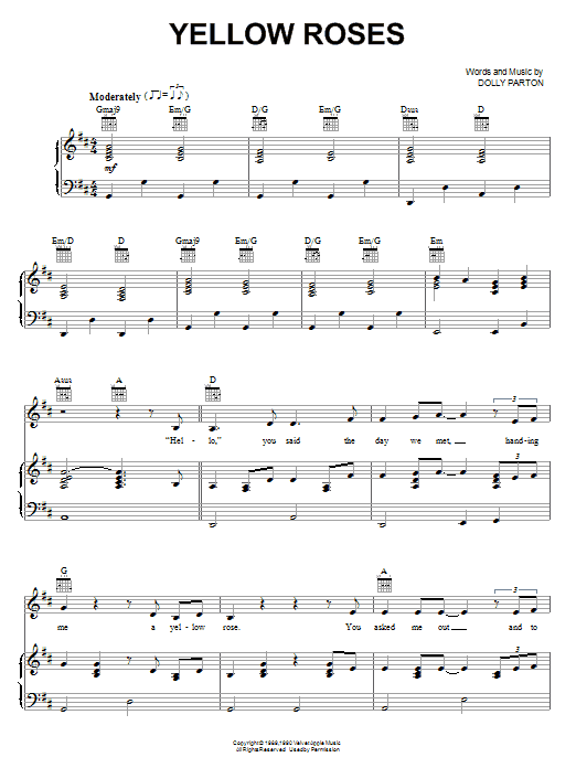 Dolly Parton Yellow Roses Sheet Music Notes & Chords for Piano, Vocal & Guitar (Right-Hand Melody) - Download or Print PDF Dolly Parton Yellow Roses Sheet Music Notes & Chords for Piano, Vocal & Guitar (Right-Hand Melody) - Download or Print PDF