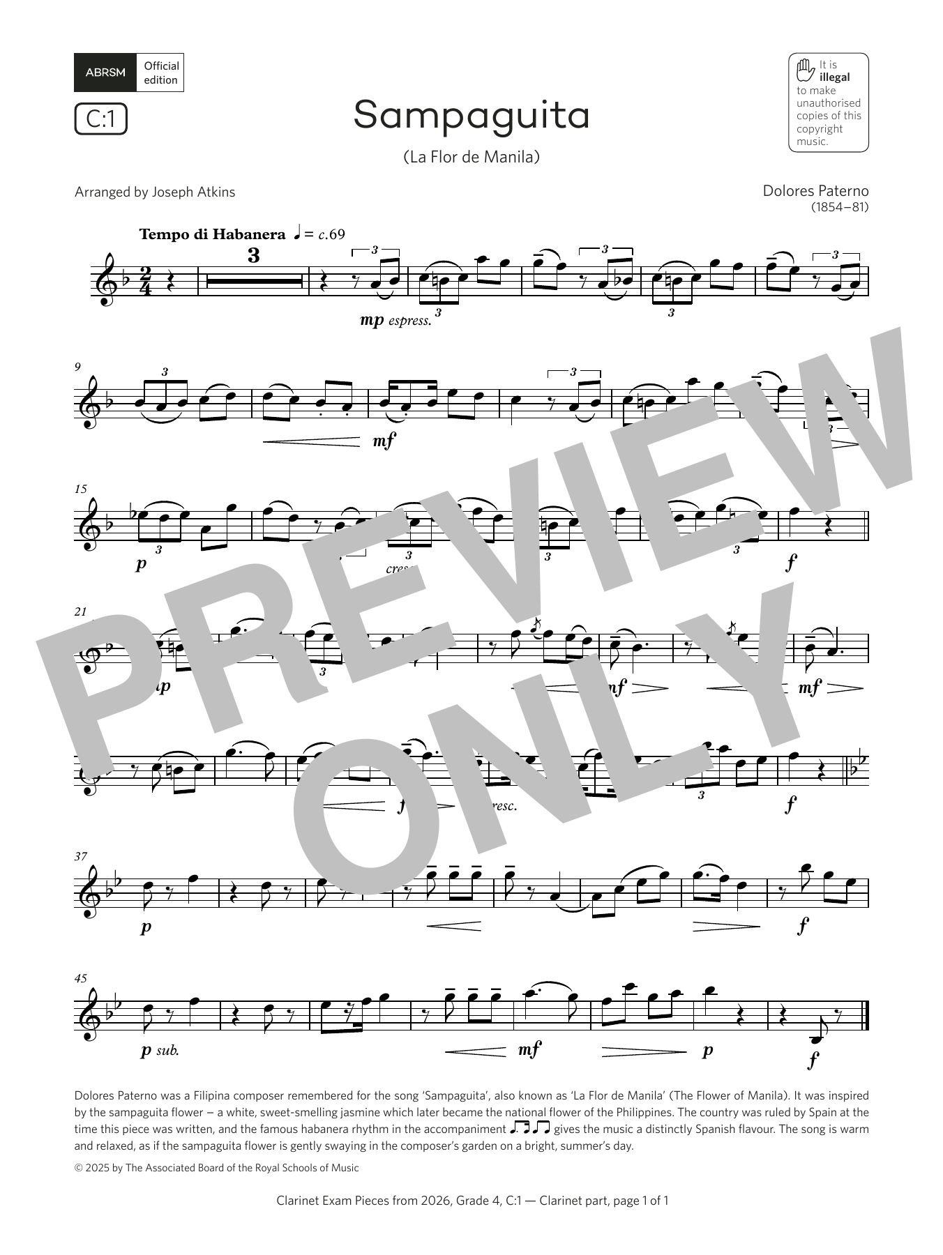 Dolores Paterno Sampaguita (Grade 4, list C1, from the ABRSM Clarinet Syllabus from 2026) Sheet Music Notes & Chords for Clarinet Solo - Download or Print PDF Dolores Paterno Sampaguita (Grade 4, list C1, from the ABRSM Clarinet Syllabus from 2026) Sheet Music Notes & Chords for Clarinet Solo - Download or Print PDF