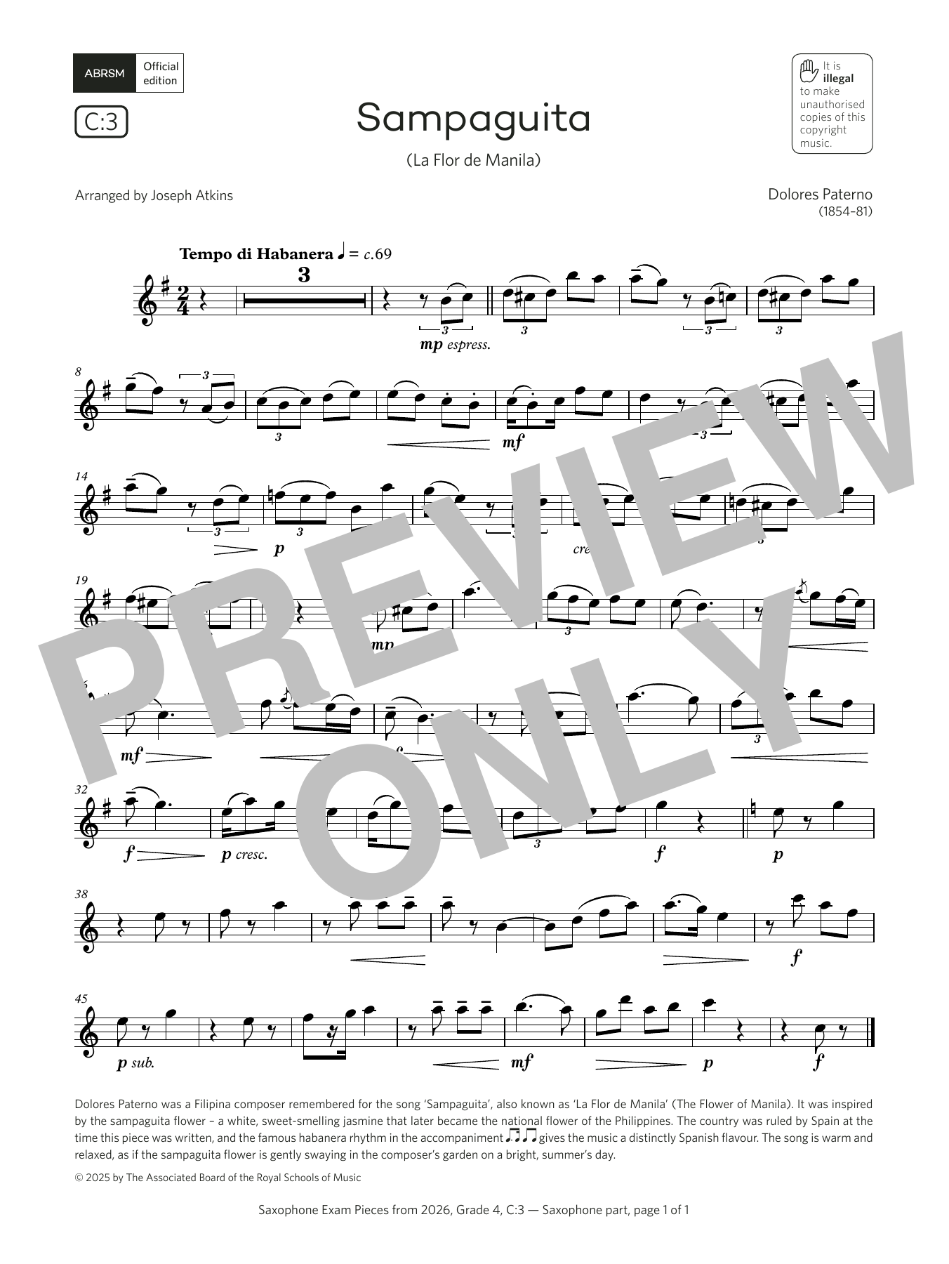 Dolores Paterno Sampaguita (Grade 4, list C3, from the ABRSM Saxophone Syllabus from 2026) Sheet Music Notes & Chords for Alto Sax Solo - Download or Print PDF Dolores Paterno Sampaguita (Grade 4, list C3, from the ABRSM Saxophone Syllabus from 2026) Sheet Music Notes & Chords for Alto Sax Solo - Download or Print PDF