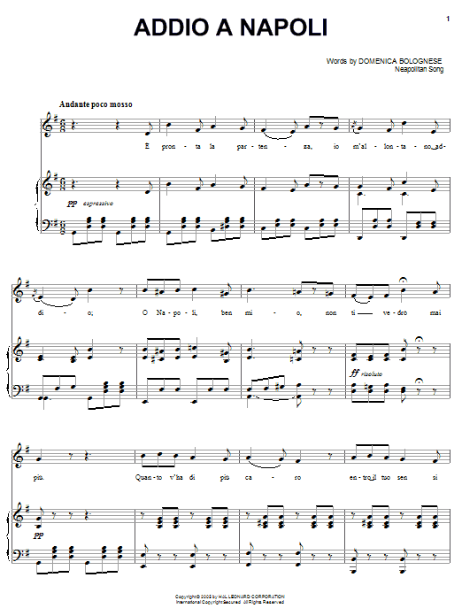 Domenico Bolognese Addio a Napoli Sheet Music Notes & Chords for Piano, Vocal & Guitar (Right-Hand Melody) - Download or Print PDF