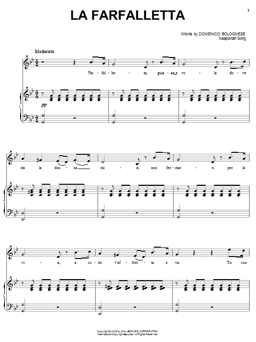 Domenico Bolognese La farfalletta Sheet Music Notes & Chords for Piano, Vocal & Guitar (Right-Hand Melody) - Download or Print PDF