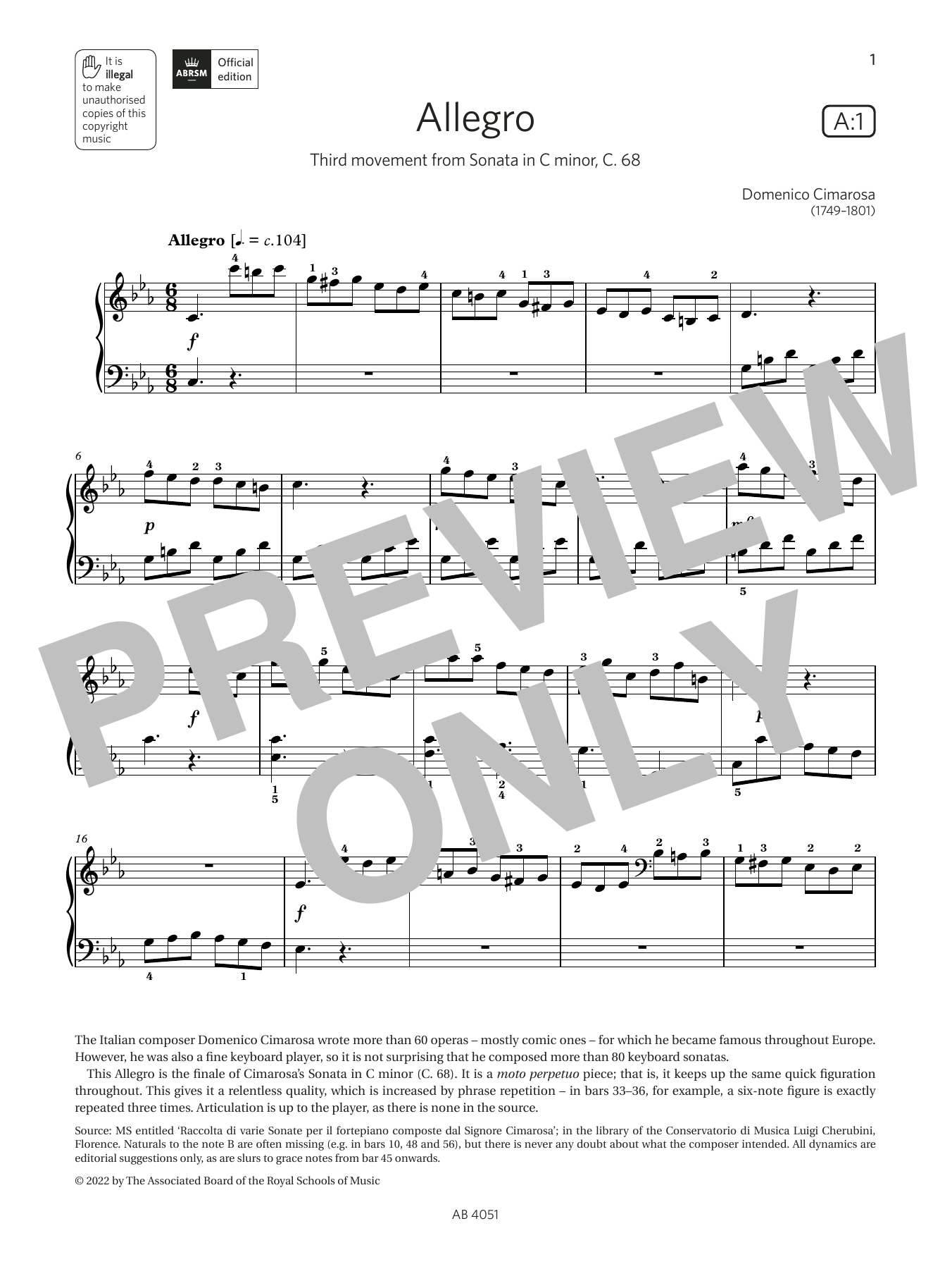 Domenico Cimarosa Allegro (Grade 5, list A1, from the ABRSM Piano Syllabus 2023 & 2024) Sheet Music Notes & Chords for Piano Solo - Download or Print PDF