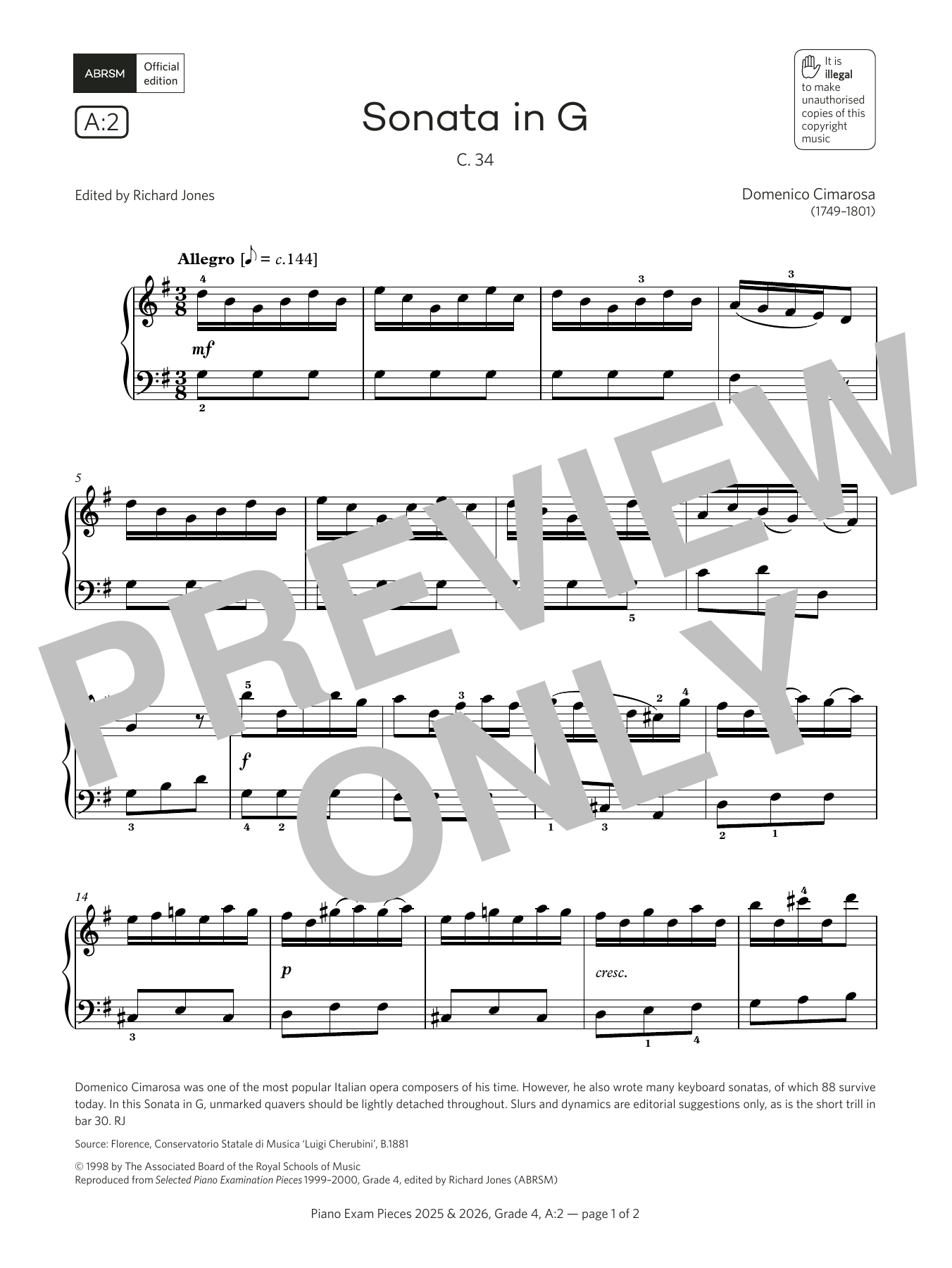 Domenico Cimarosa Sonata in G (Grade 4, list A2, from the ABRSM Piano Syllabus 2025 & 2026) Sheet Music Notes & Chords for Piano Solo - Download or Print PDF