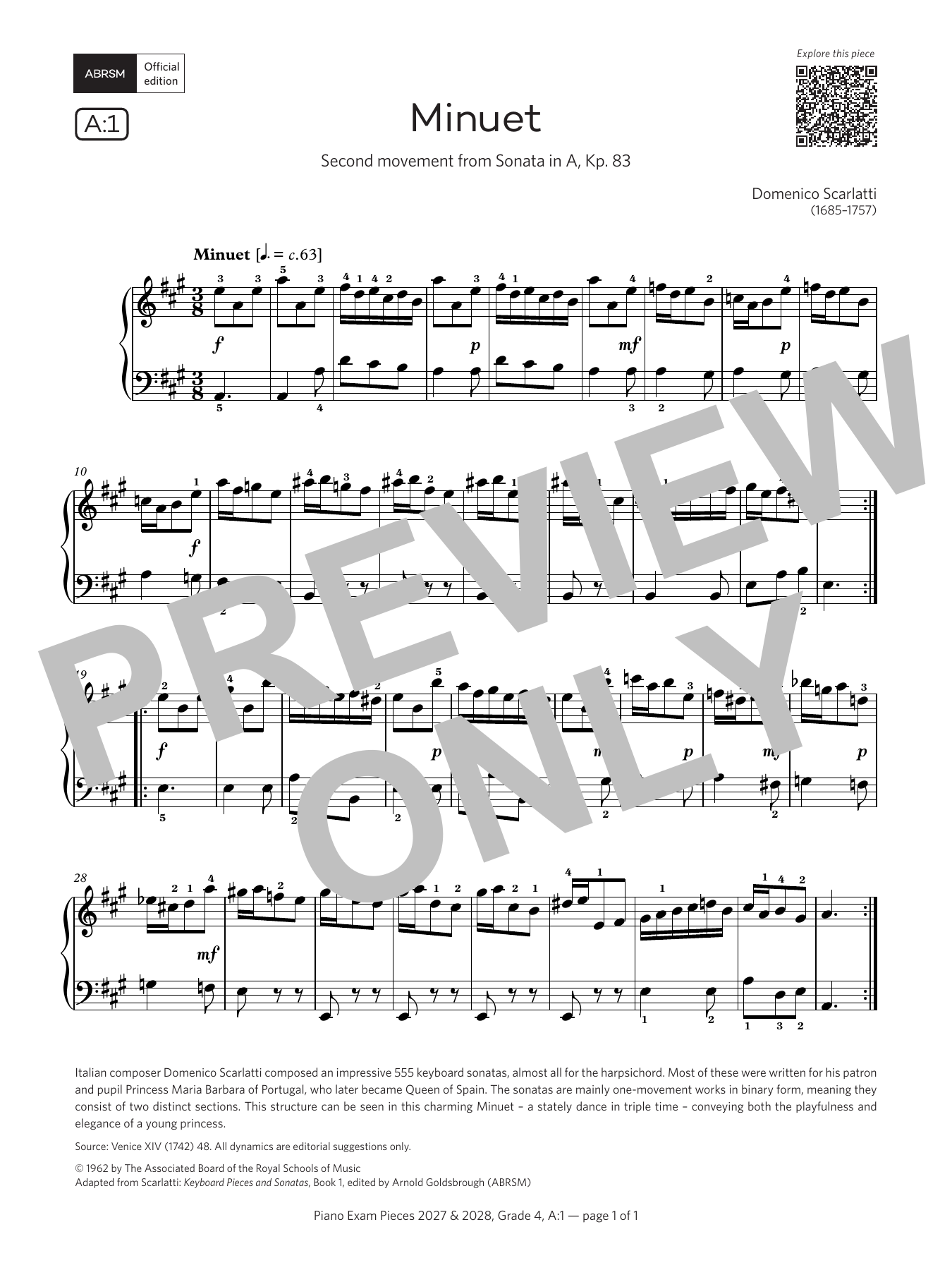 Domenico Scarlatti Minuet (Grade 4, list A1, from the ABRSM Piano Syllabus 2027 & 2028) Sheet Music Notes & Chords for Piano Solo - Download or Print PDF