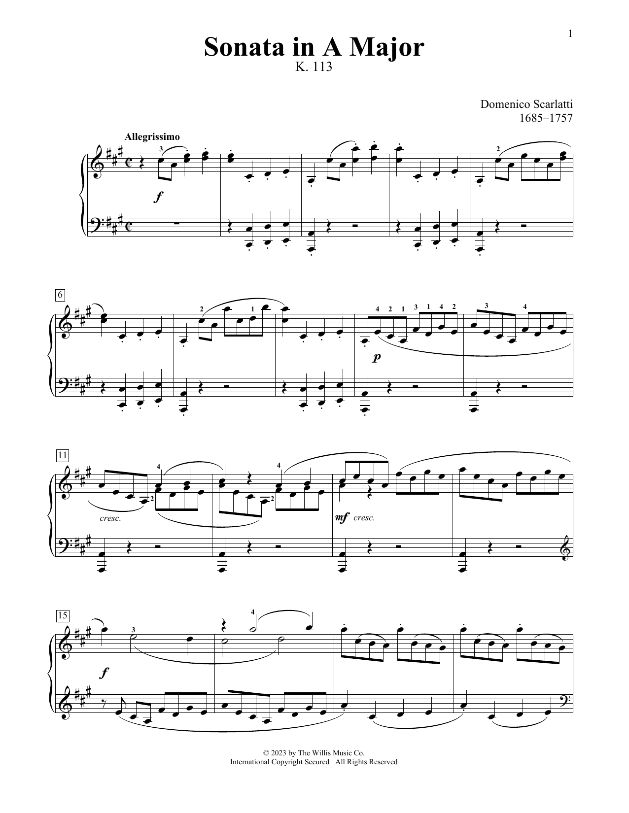 Domenico Scarlatti Sonata In A Major, K. 113 Sheet Music Notes & Chords for Educational Piano - Download or Print PDF