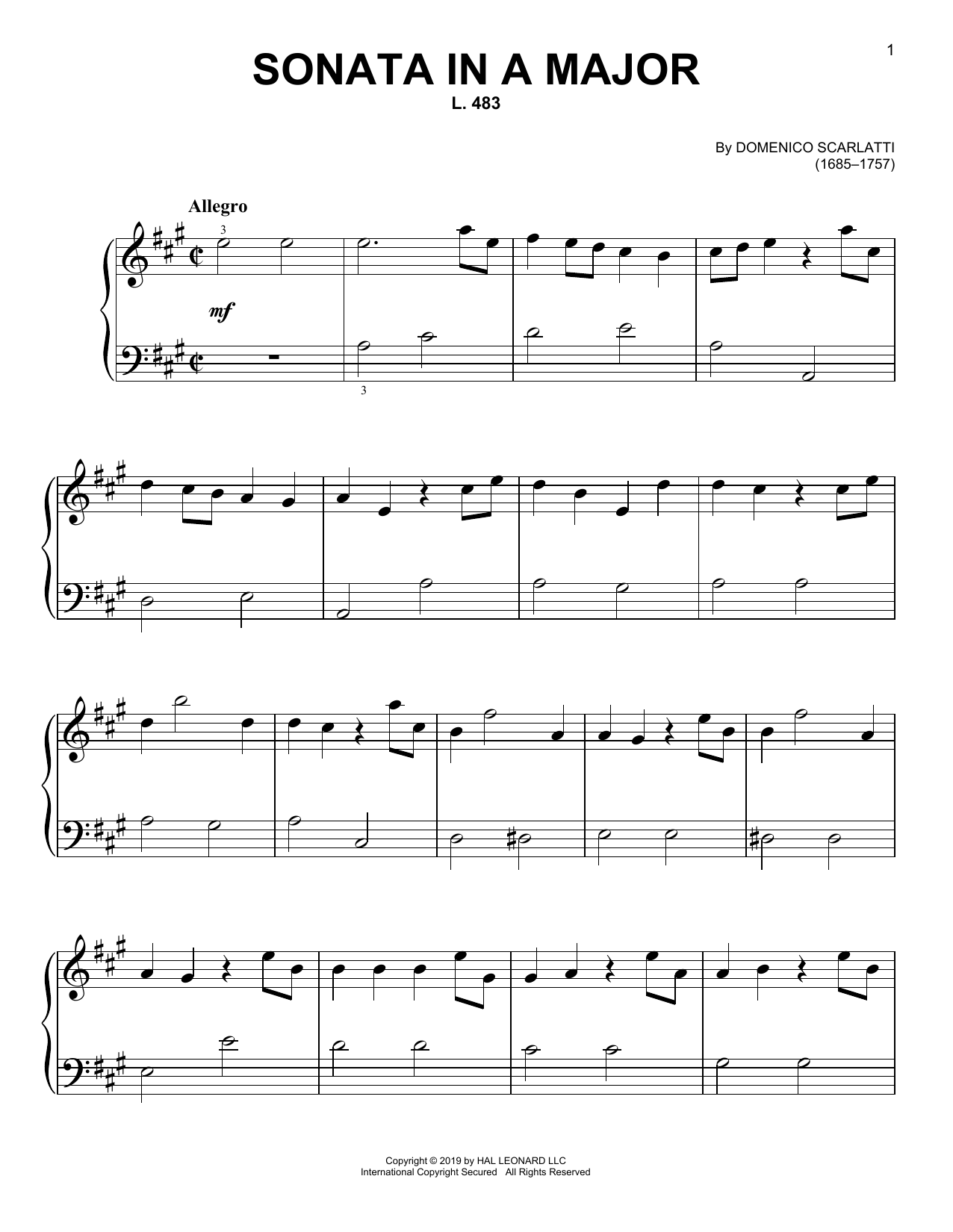 Domenico Scarlatti Sonata In A Major, L. 483 Sheet Music Notes & Chords for Easy Piano - Download or Print PDF