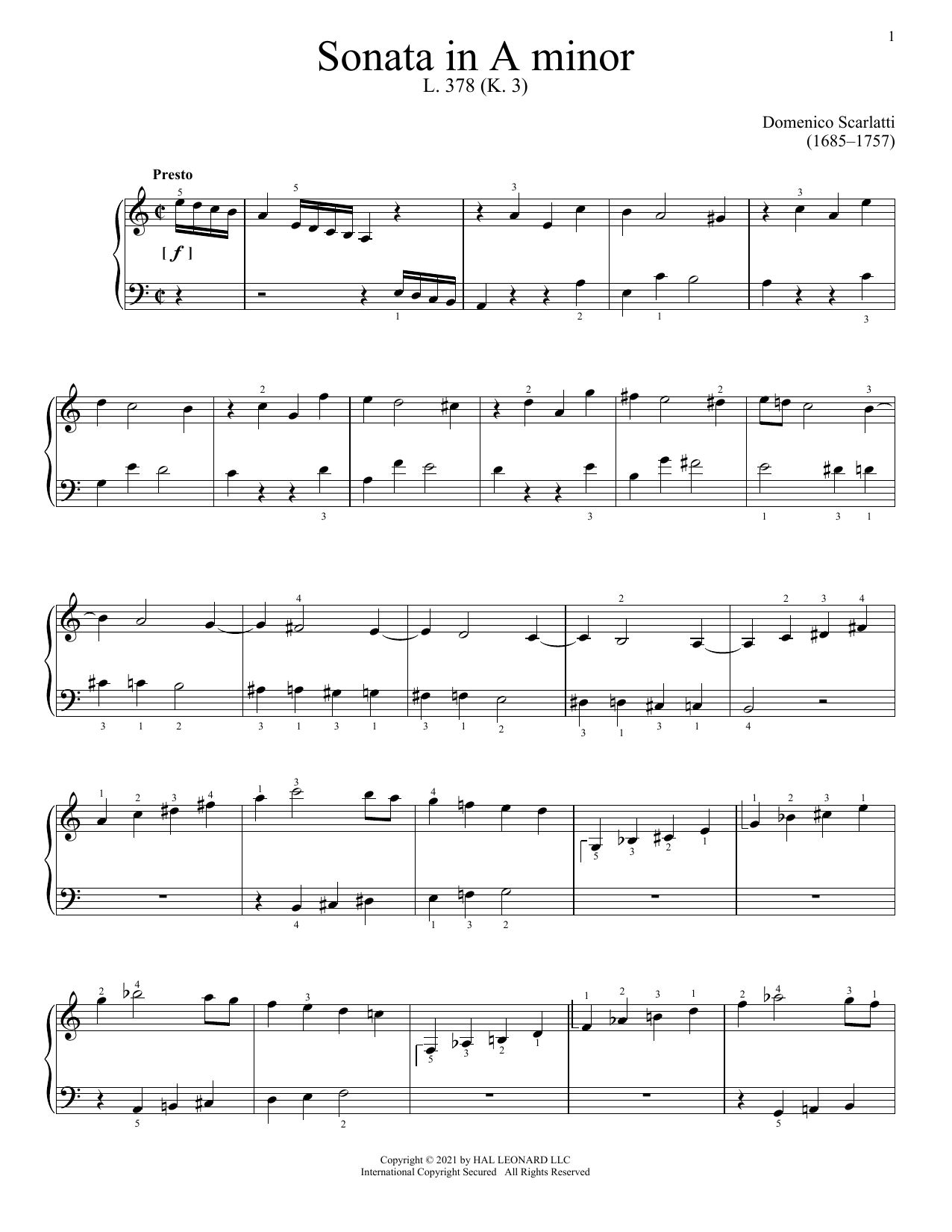 Domenico Scarlatti Sonata In A Minor, K. 3 Sheet Music Notes & Chords for Piano Solo - Download or Print PDF