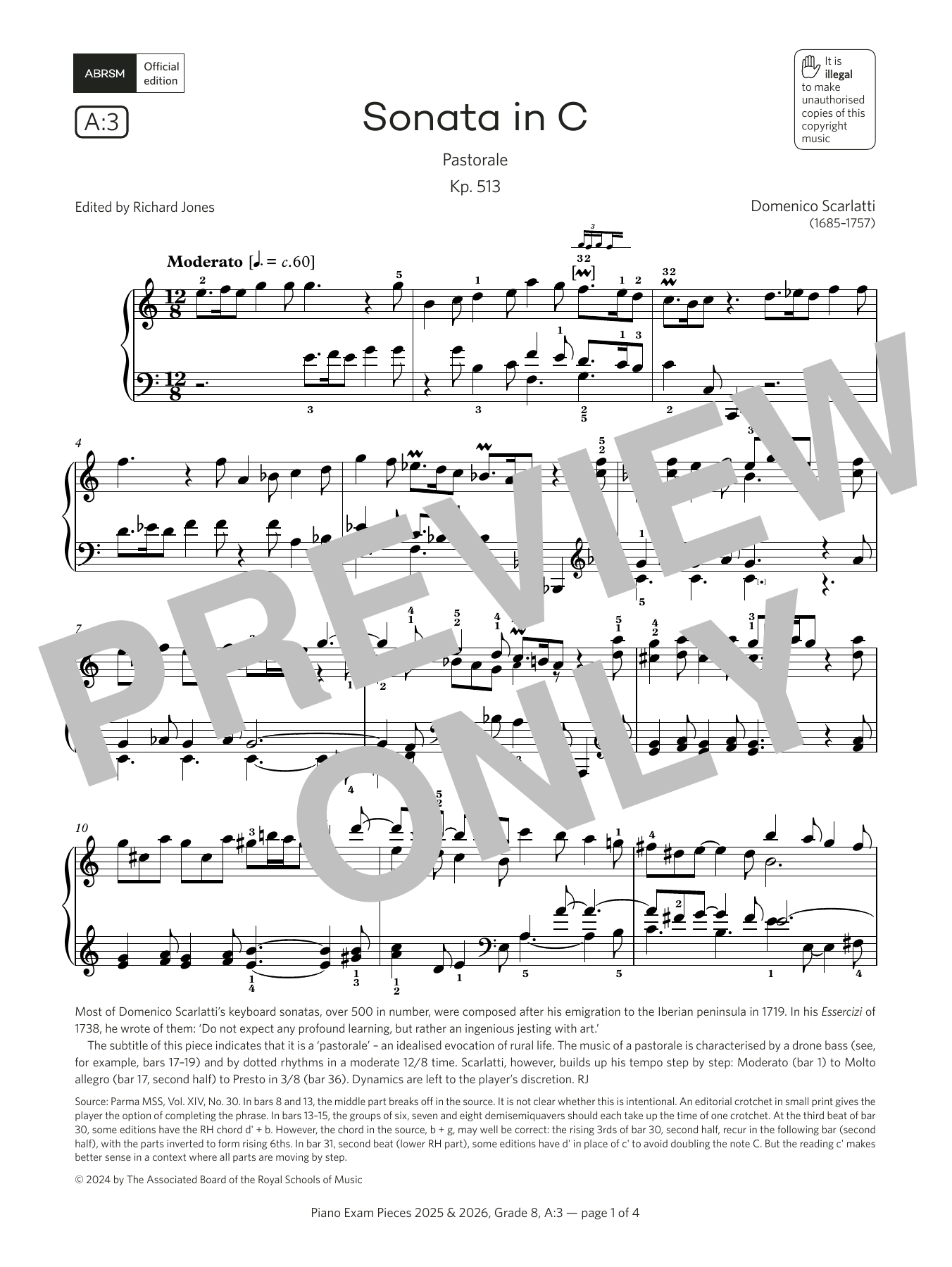 Domenico Scarlatti Sonata in C (Grade 8, list A3, from the ABRSM Piano Syllabus 2025 & 2026) Sheet Music Notes & Chords for Piano Solo - Download or Print PDF