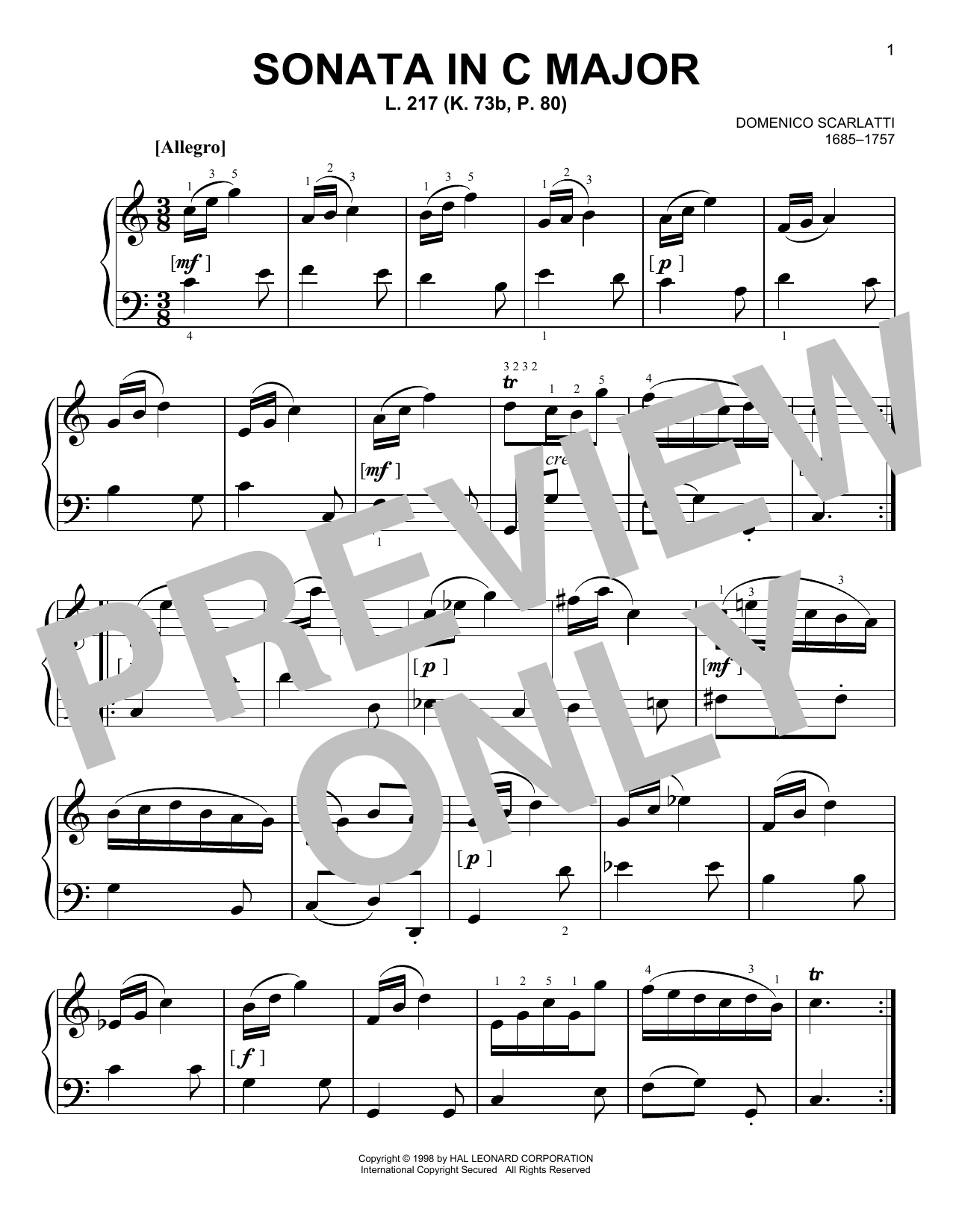 Domenico Scarlatti Sonata In C Major, L. 217 Sheet Music Notes & Chords for Easy Piano - Download or Print PDF