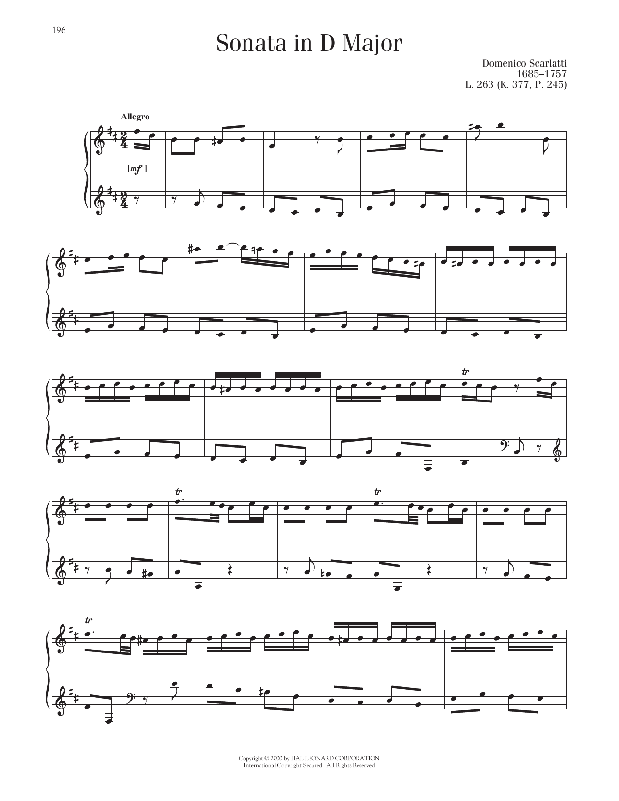 Domenico Scarlatti Sonata In D Major, K. 377 Sheet Music Notes & Chords for Piano Solo - Download or Print PDF