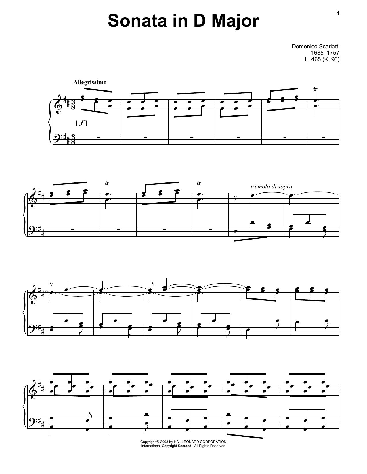Domenico Scarlatti Sonata In D Major, K. 96 Sheet Music Notes & Chords for Piano Solo - Download or Print PDF