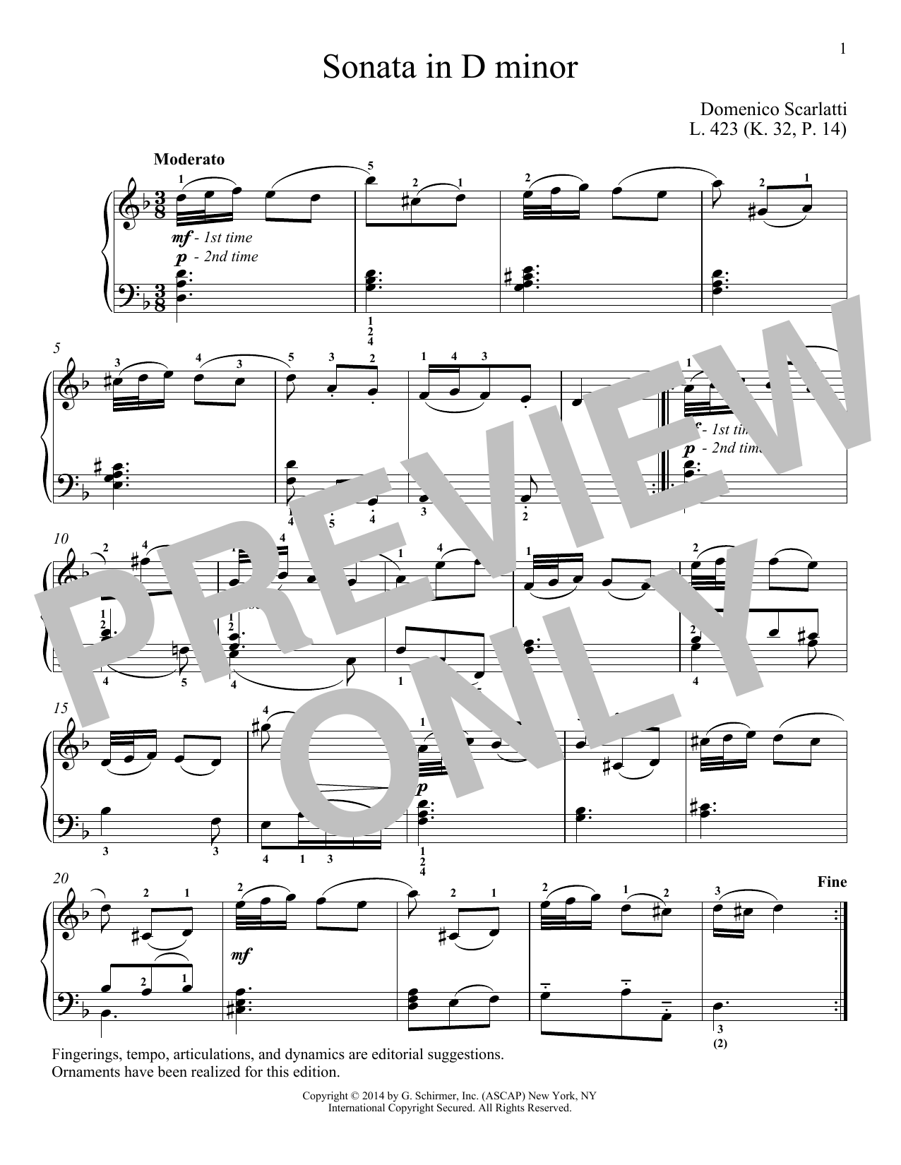 Domenico Scarlatti Sonata In D Minor, L. 423 Sheet Music Notes & Chords for Piano - Download or Print PDF