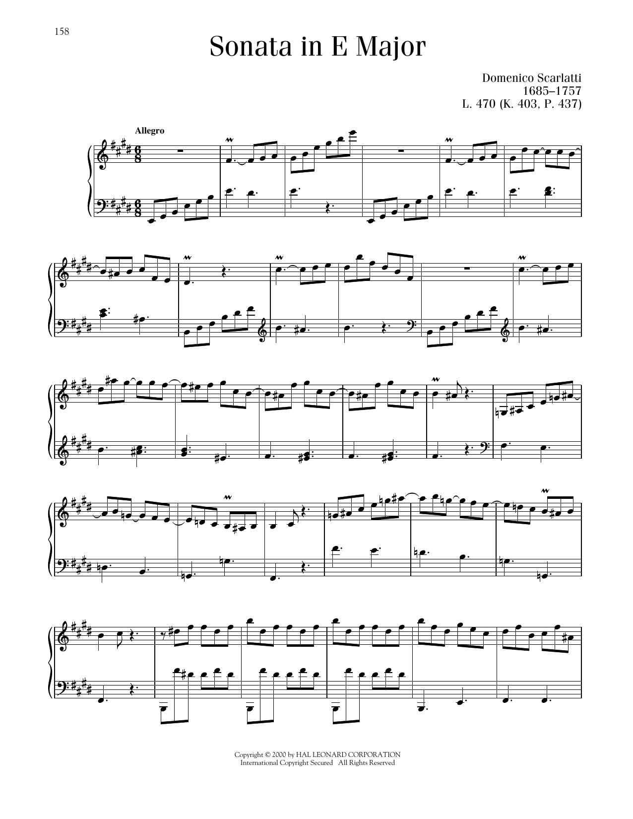 Domenico Scarlatti Sonata In E Major, K. 403 Sheet Music Notes & Chords for Piano Solo - Download or Print PDF