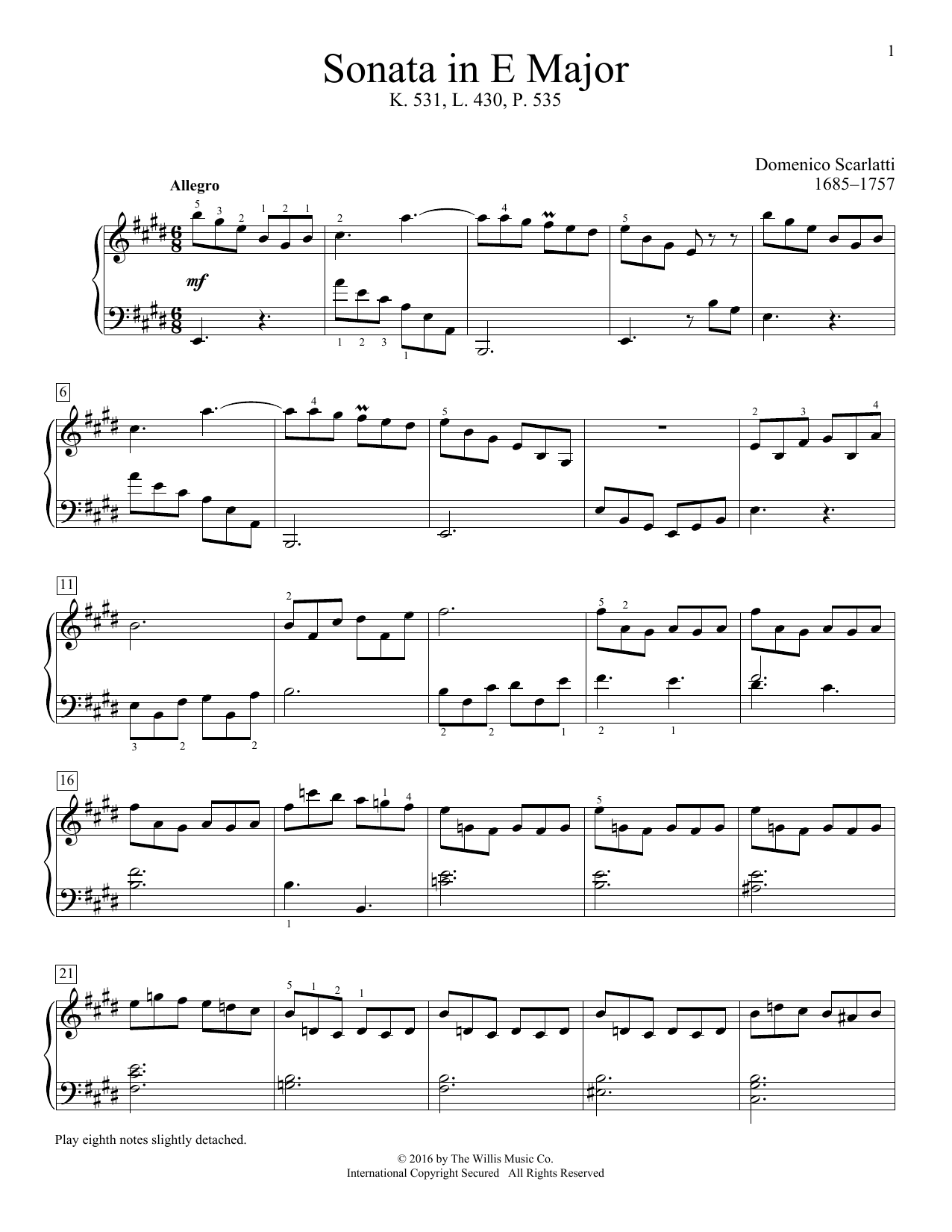 Domenico Scarlatti Sonata In E Major, K. 531, L. 430, P. 535 Sheet Music Notes & Chords for Educational Piano - Download or Print PDF