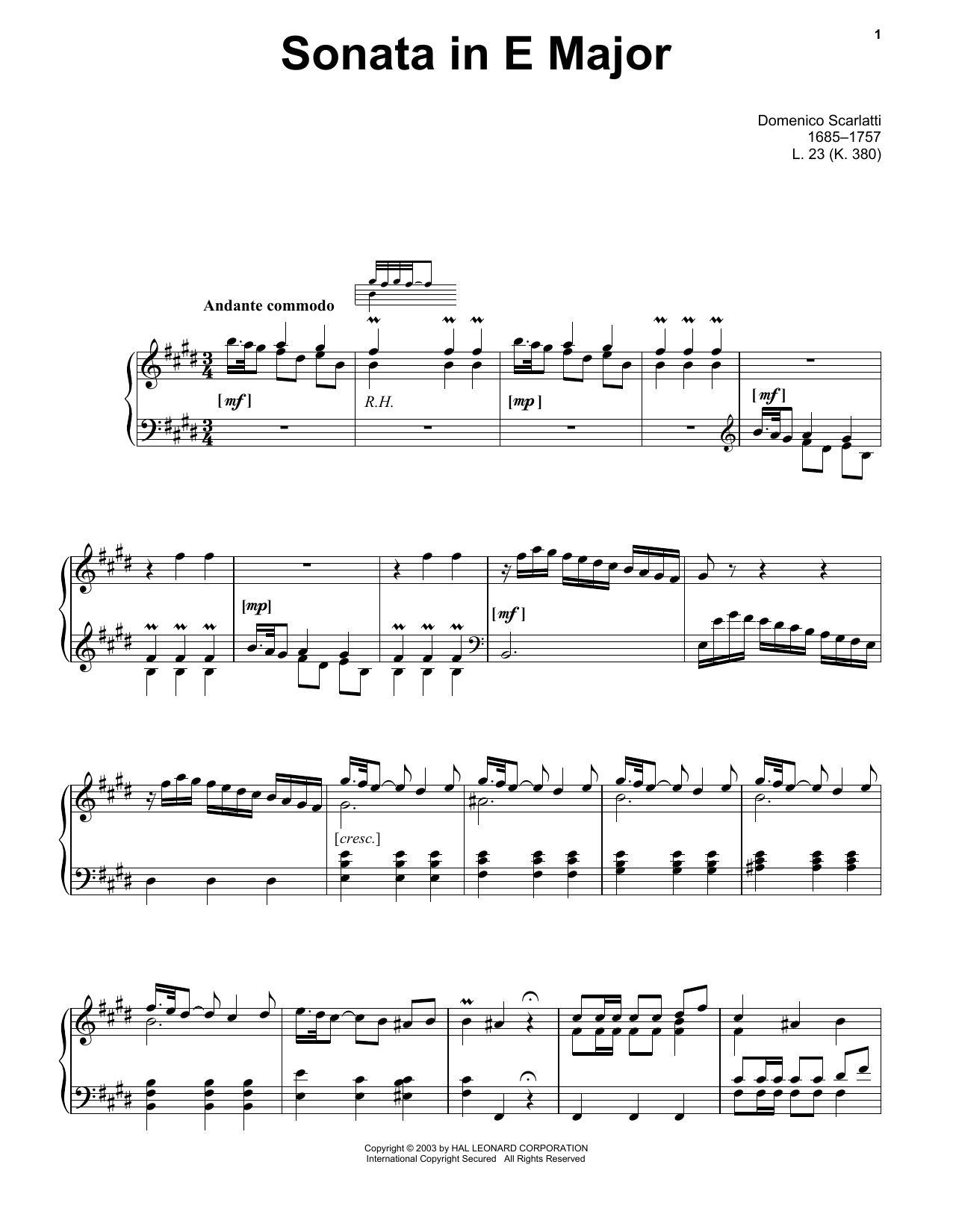 Domenico Scarlatti Sonata In E Major, L. 23 Sheet Music Notes & Chords for Piano Solo - Download or Print PDF