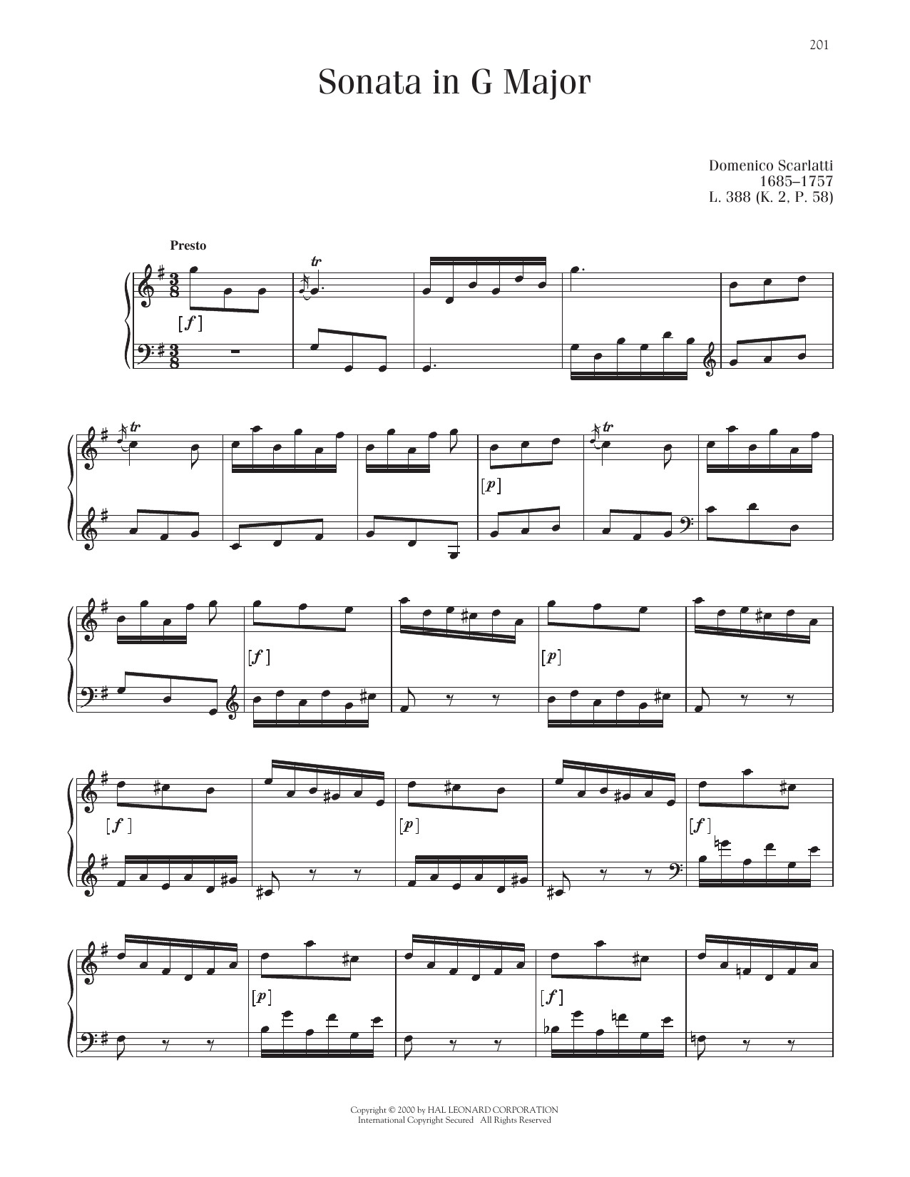 Domenico Scarlatti Sonata In G Major, K. 2 Sheet Music Notes & Chords for Piano Solo - Download or Print PDF