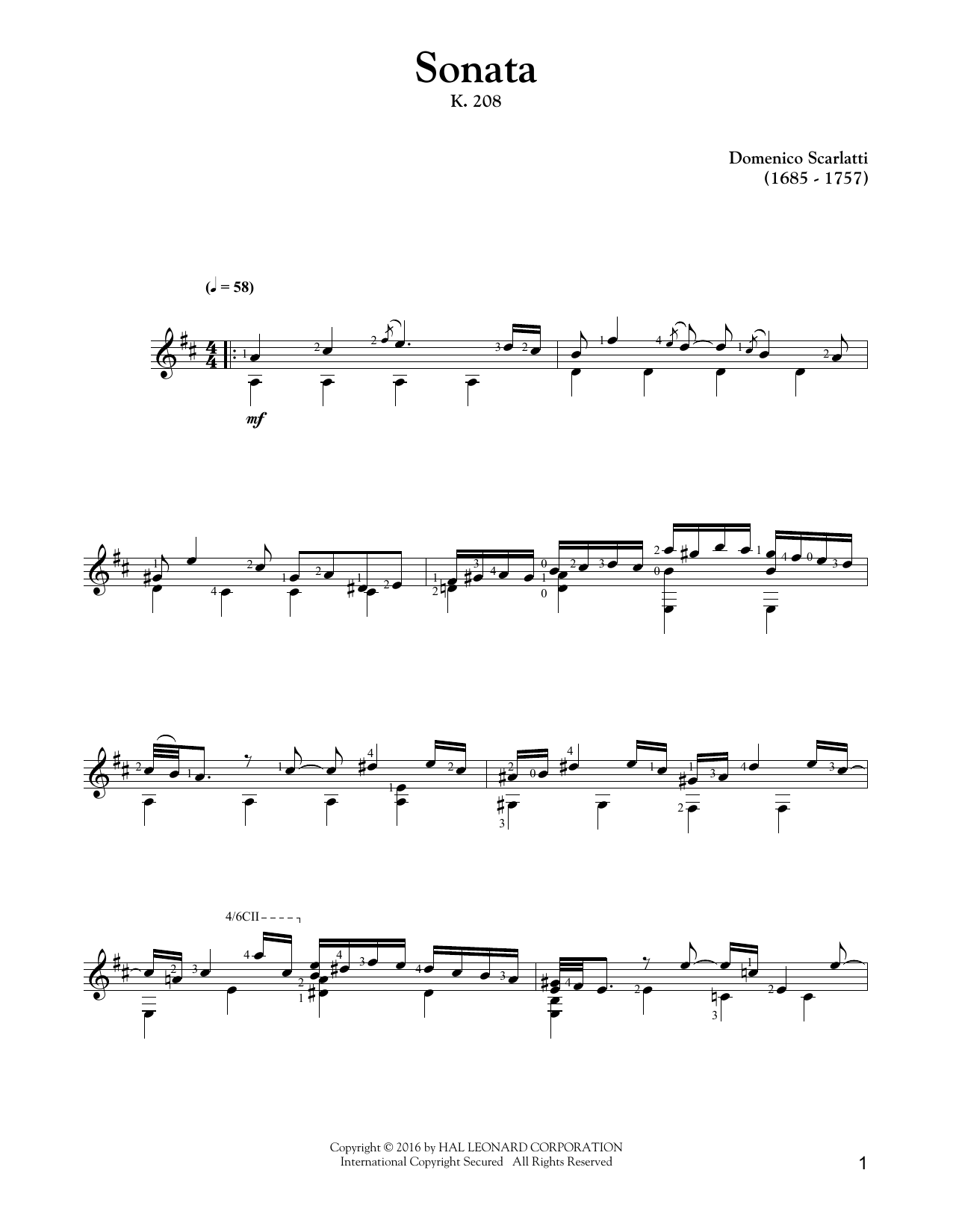 Domenico Scarlatti Sonata In G Major, K. 208 Sheet Music Notes & Chords for Guitar Tab - Download or Print PDF