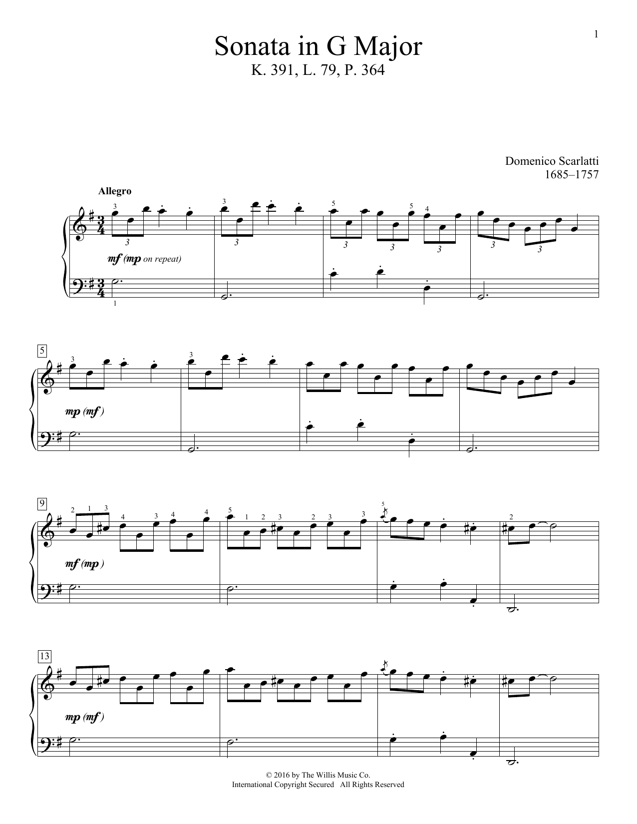 Domenico Scarlatti Sonata In G Major, K. 391, L. 79, P. 364 Sheet Music Notes & Chords for Educational Piano - Download or Print PDF