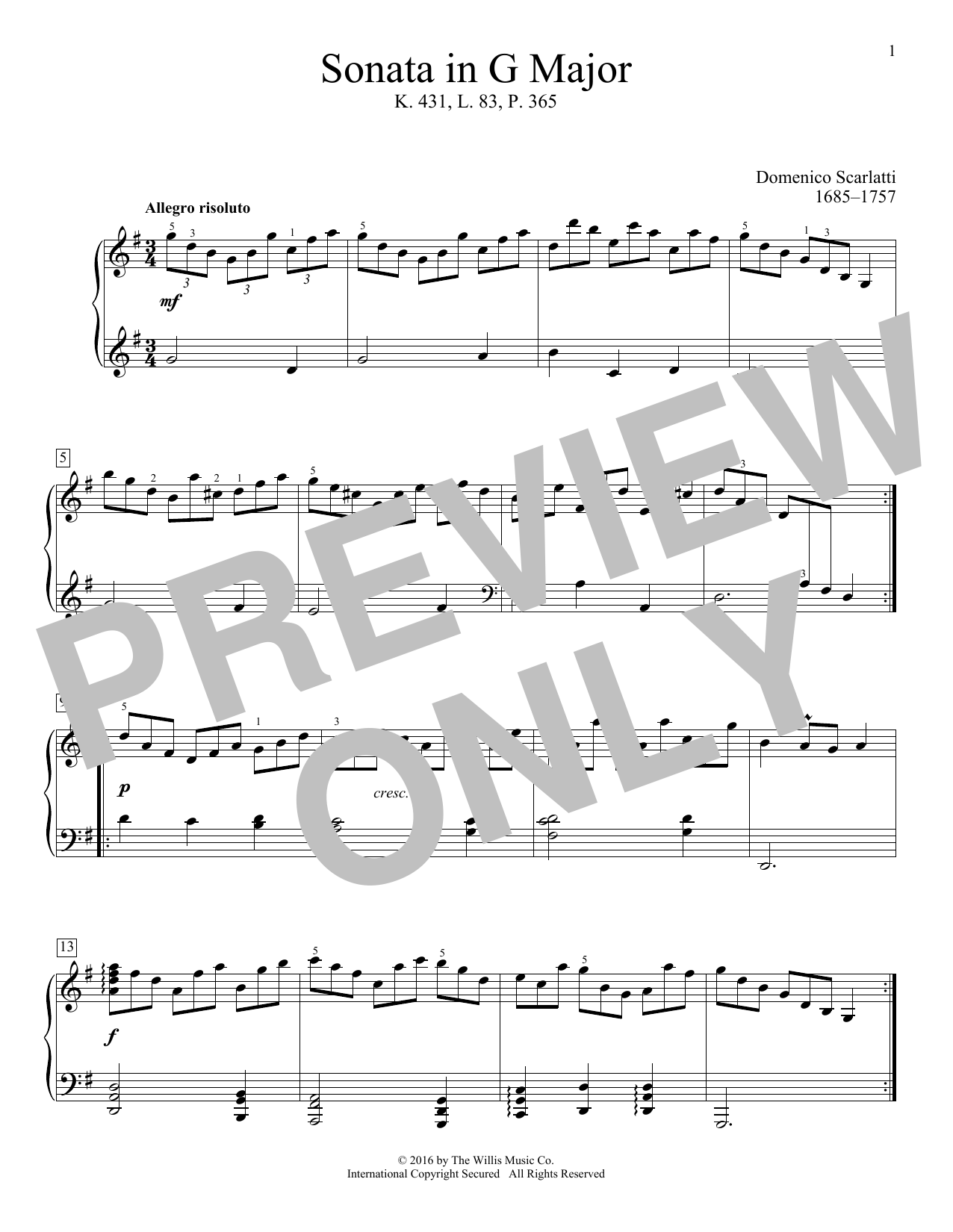 Domenico Scarlatti Sonata In G Major, K. 431, L. 83, P. 365 Sheet Music Notes & Chords for Educational Piano - Download or Print PDF