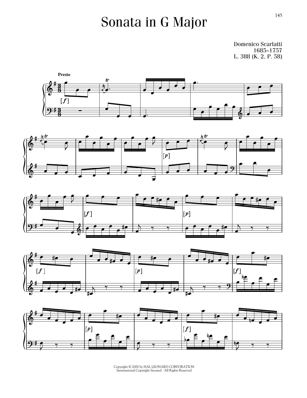 Domenico Scarlatti Sonata In G Major, L. 388 Sheet Music Notes & Chords for Piano Solo - Download or Print PDF