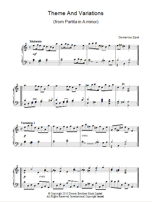 Domenico Zipoli Theme And Variations From Partita In A Minor Sheet Music Notes & Chords for Piano - Download or Print PDF