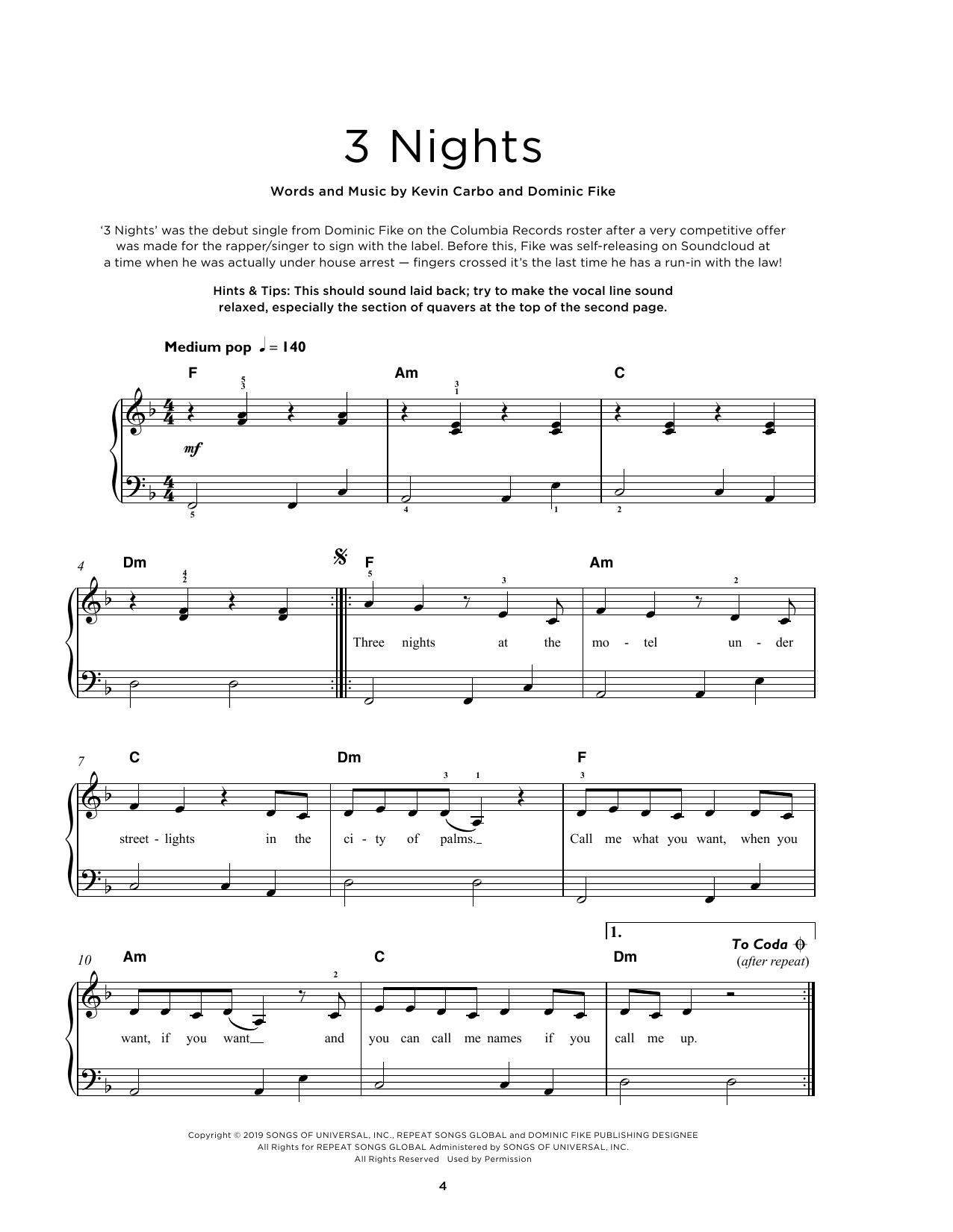 Dominic Fike 3 Nights Sheet Music Notes & Chords for Really Easy Piano - Download or Print PDF