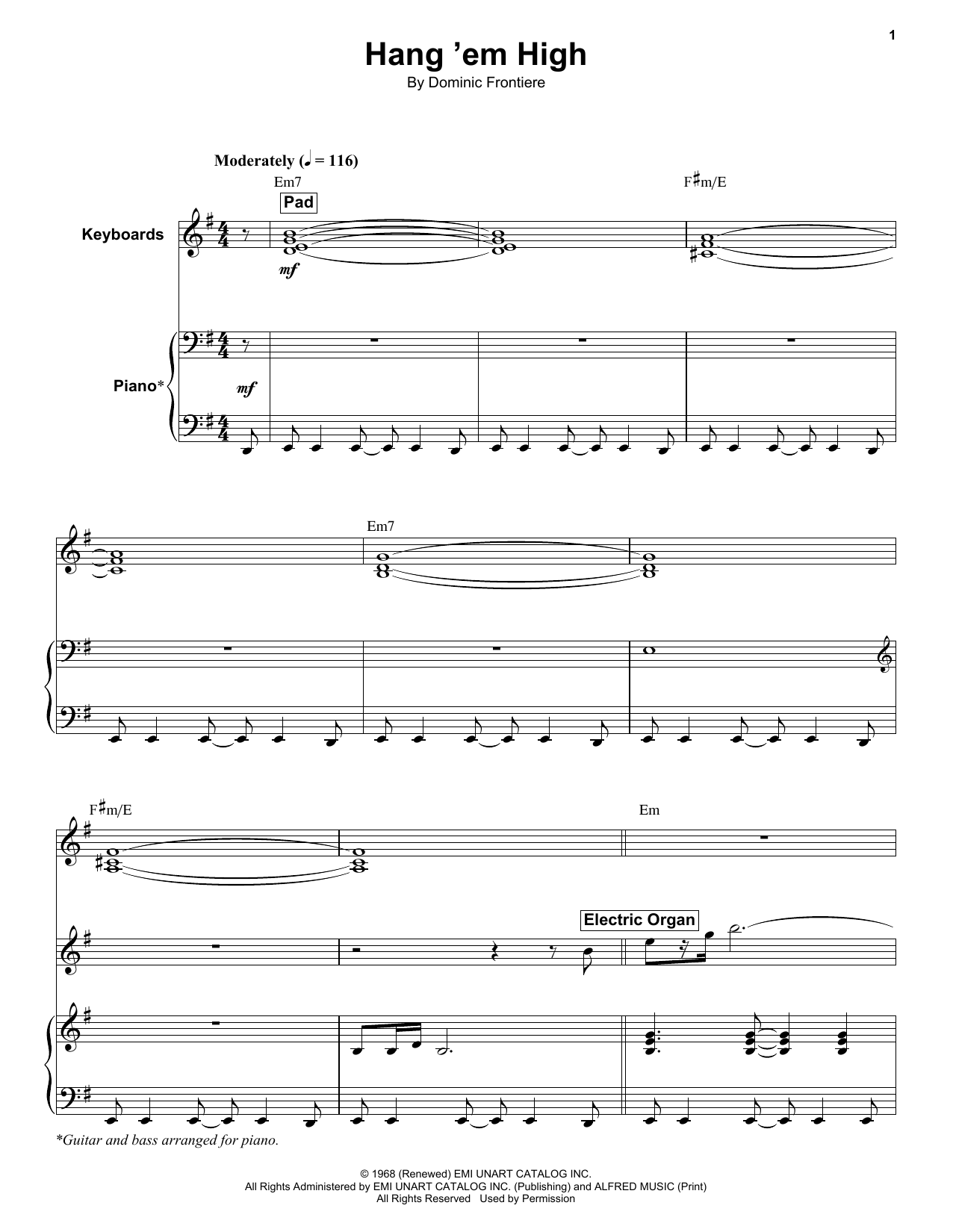 Dominic Frontiere Hang 'Em High Sheet Music Notes & Chords for Keyboard Transcription - Download or Print PDF