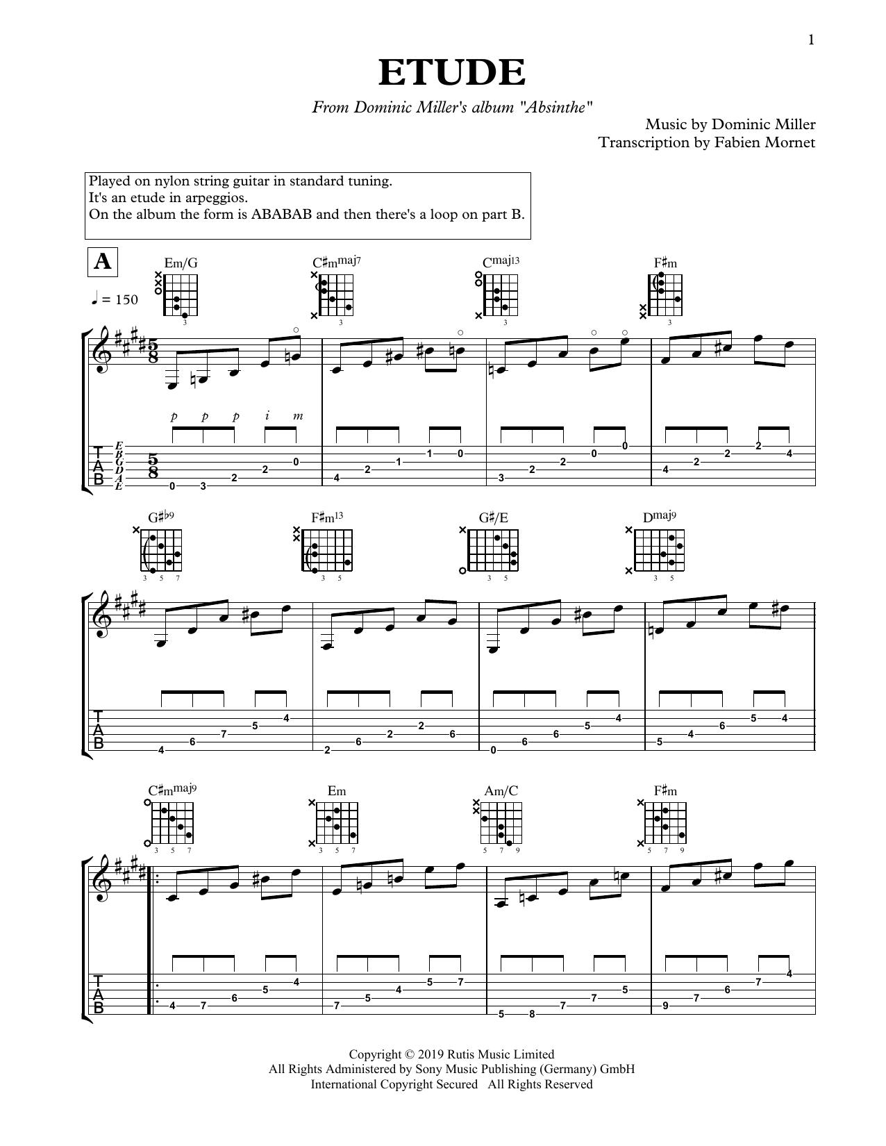 Dominic Miller ??tude Sheet Music Notes & Chords for Solo Guitar - Download or Print PDF