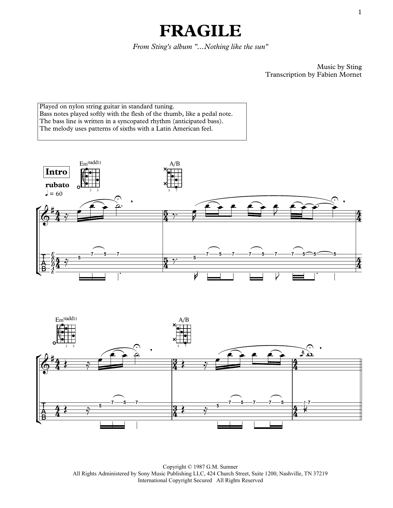 Dominic Miller Fragile Sheet Music Notes & Chords for Solo Guitar - Download or Print PDF