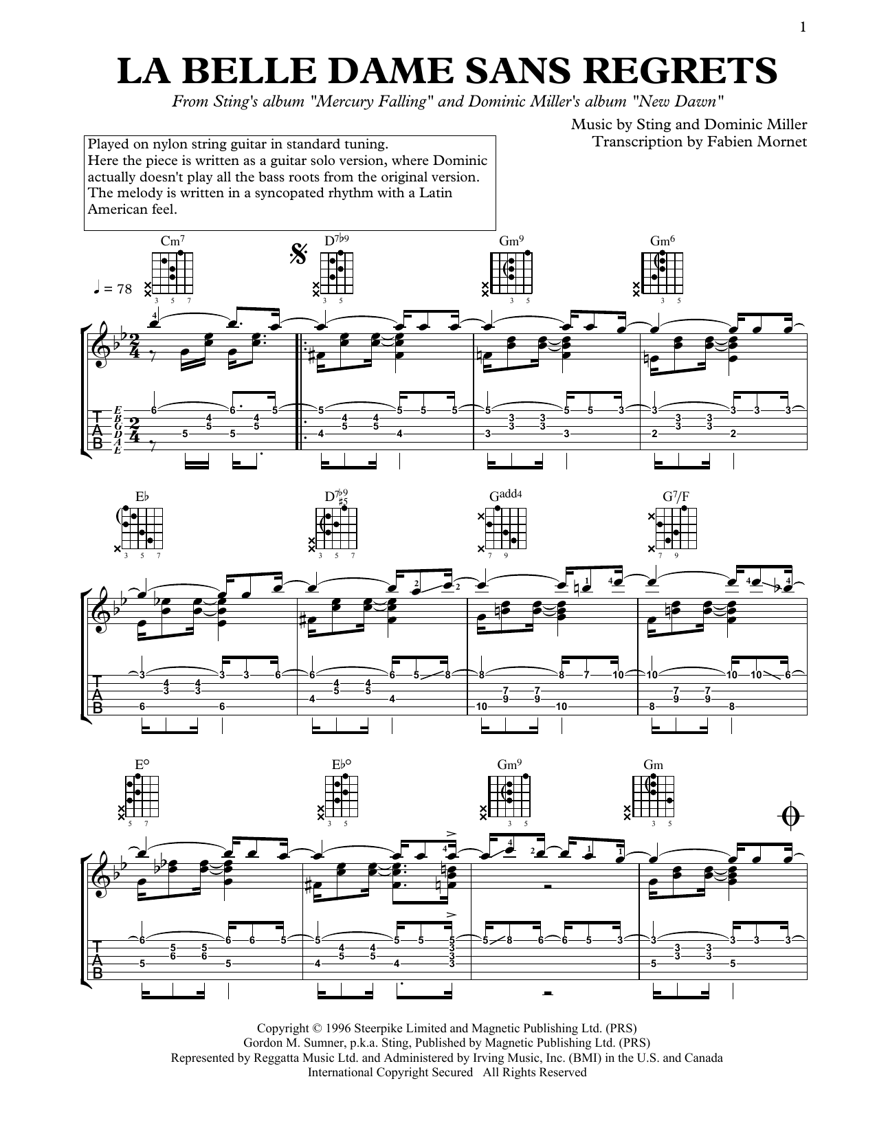 Dominic Miller La Belle Dame Sans Regrets Sheet Music Notes & Chords for Solo Guitar - Download or Print PDF