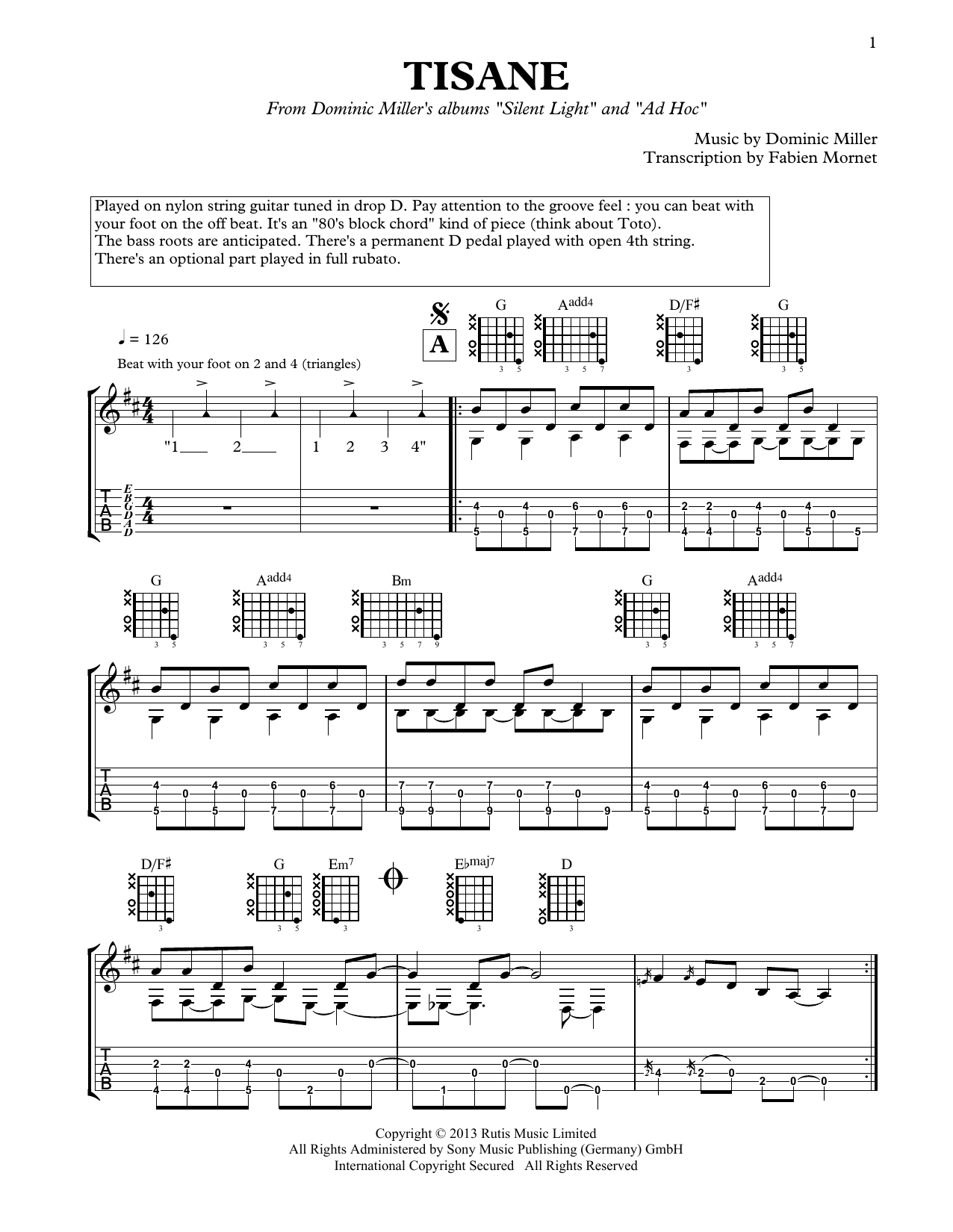 Dominic Miller Tisane Sheet Music Notes & Chords for Solo Guitar - Download or Print PDF