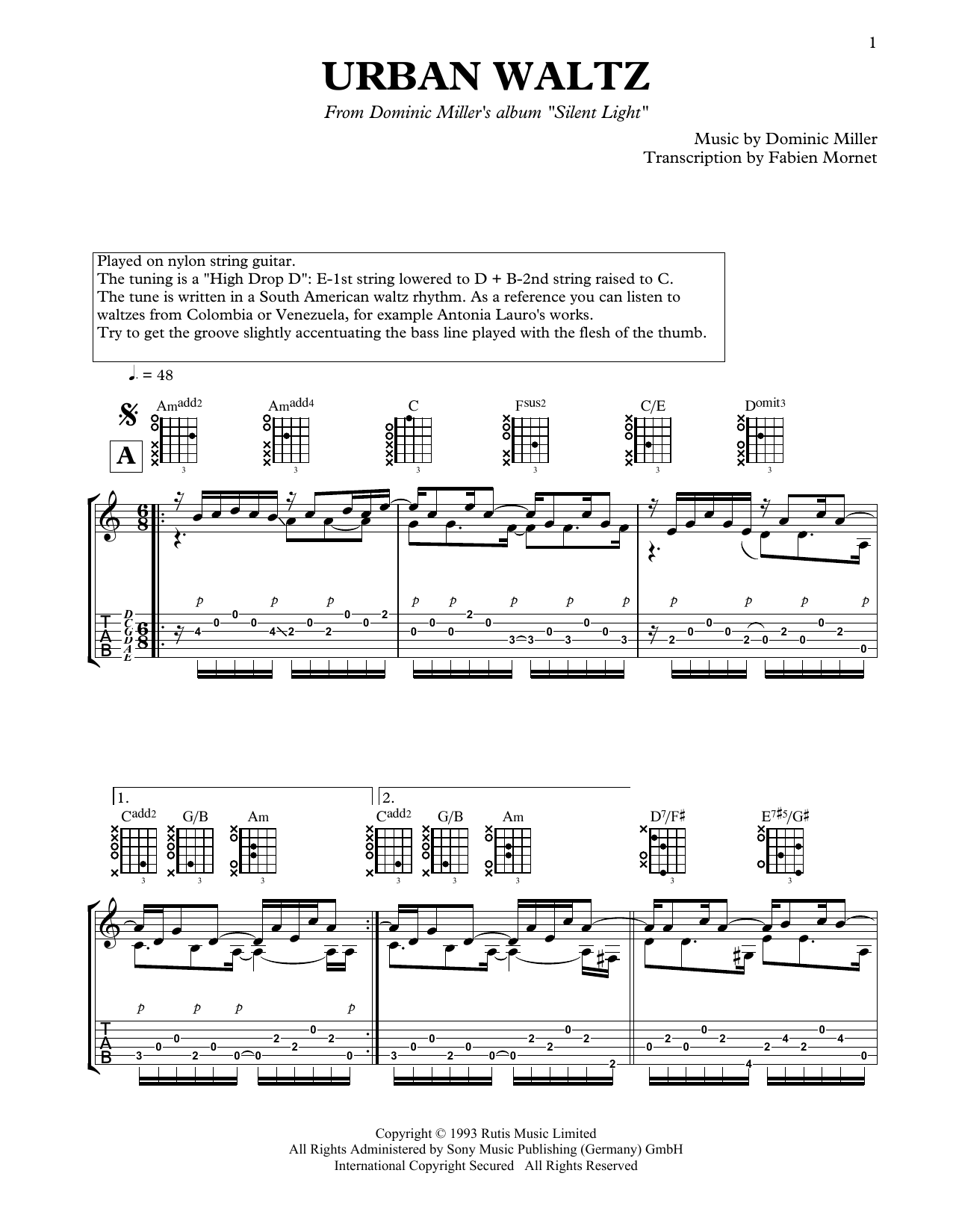 Dominic Miller Urban Waltz Sheet Music Notes & Chords for Solo Guitar - Download or Print PDF