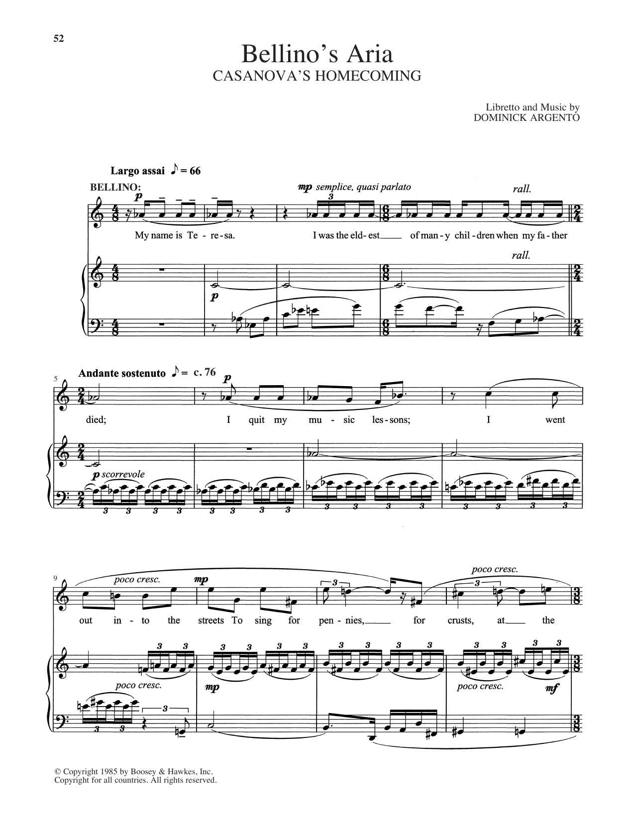 Dominick Argento Bellino's Aria Sheet Music Notes & Chords for Piano & Vocal - Download or Print PDF