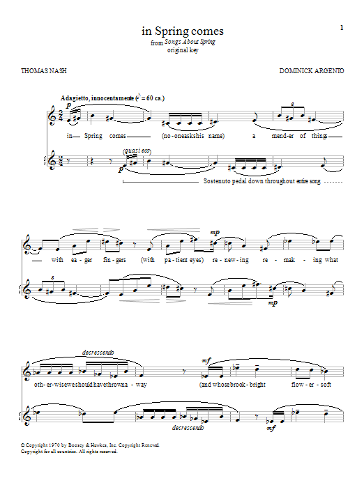Dominick Argento in Spring comes Sheet Music Notes & Chords for Piano - Download or Print PDF