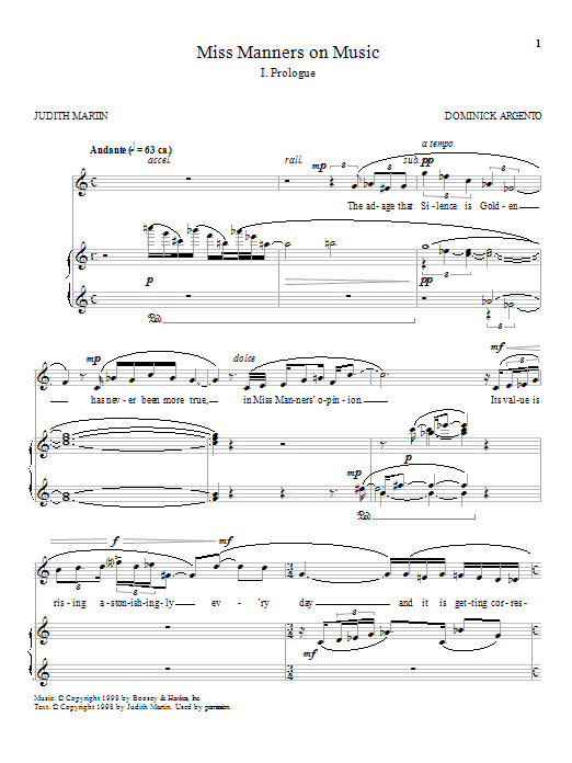 Dominick Argento Miss Manners on Music Sheet Music Notes & Chords for Piano & Vocal - Download or Print PDF