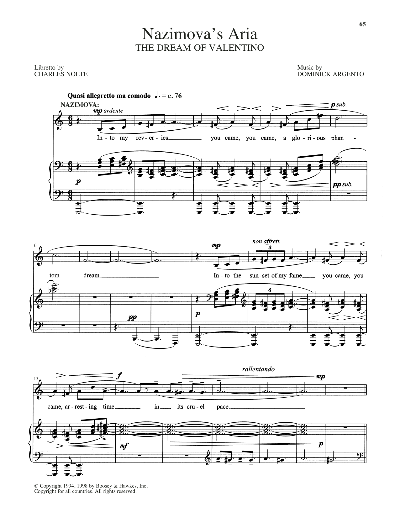 Dominick Argento Nazimova's Aria Sheet Music Notes & Chords for Piano & Vocal - Download or Print PDF